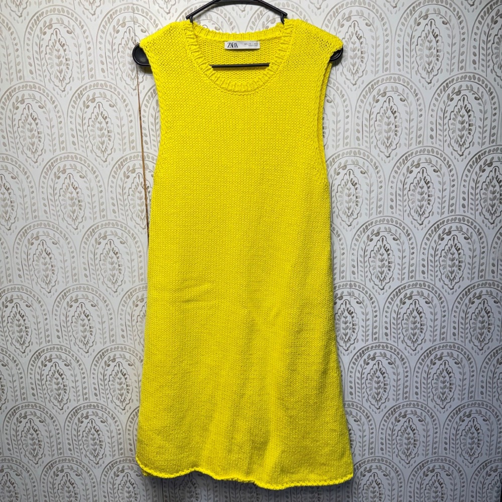 Zara Knit Dress Women L Yellow Sleeveless Cotton Chunky‎ Crew Neck Midi Casual